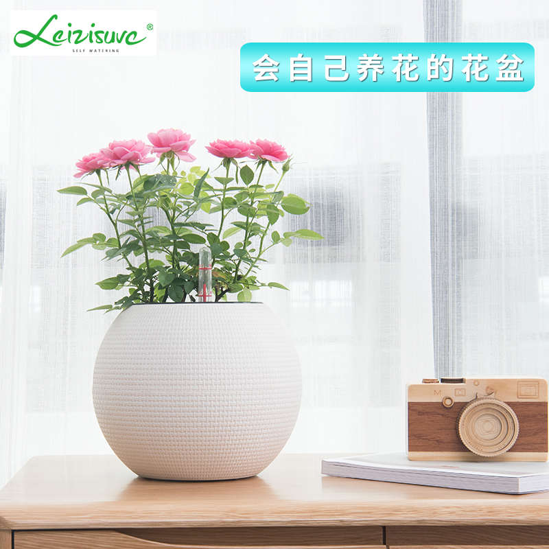 北欧创意仿藤编自动吸水花盆室内大号圆球形储水懒人绿萝花盆塑