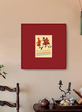 running girls法式小众艺术装饰画摆画人物复古挂画红色外框壁画