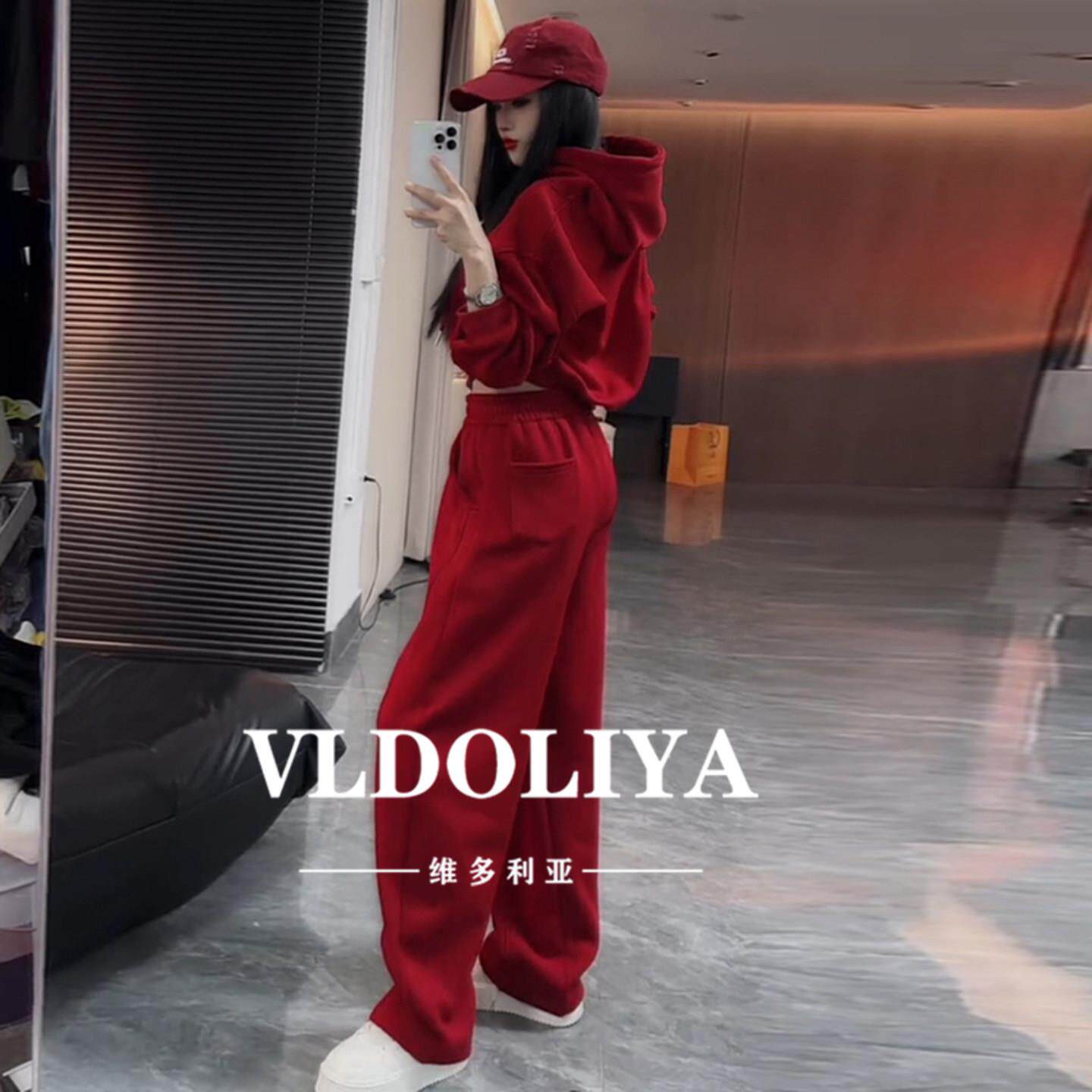 VLDOLIYA维多利亚时尚运动红色2026春秋新款卫衣套装裤