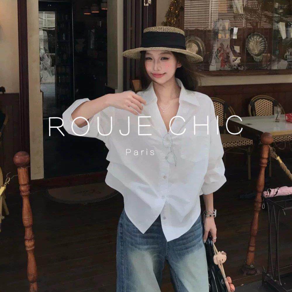 ROUJE CHIC法式通勤风气质白色长袖衬衫女春季松弛感收腰衬衣上衣