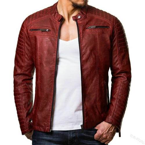 Men's pressed cotton windproof motorcycle leather jacket,