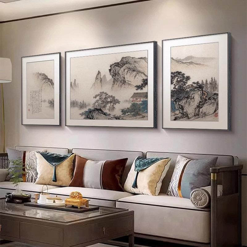 风景画新中国风客厅三联画装饰画靠背沙发背景墙茶室挂画2024新画