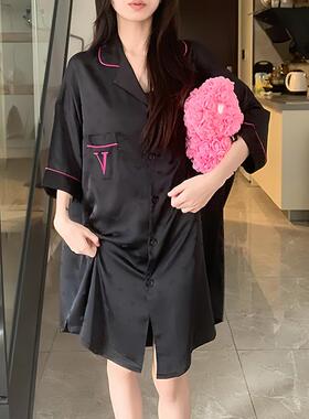 新款睡衣女款黑色高级感冰丝睡裙女夏季短袖家居服大尺0618e