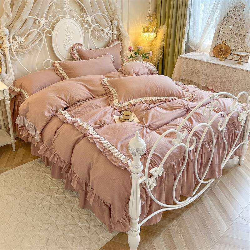 法式少女复古全棉双层纱床裙款四件套纯棉花边被套公主风裸睡床单