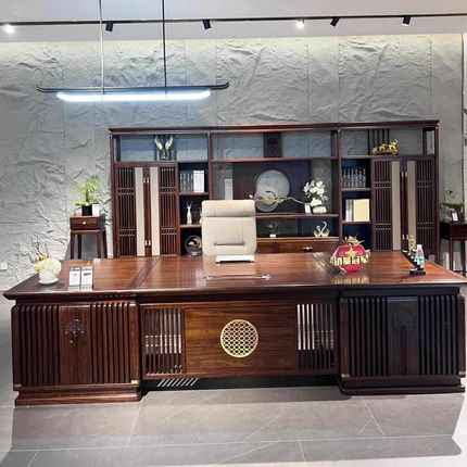 新中式实木大班台定制办公室高端现代老板桌总裁乌金木办公桌书柜