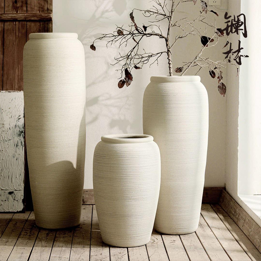落地陶瓷大花瓶客厅插干花简约装饰侘寂米白色粗陶罐客厅新款摆件