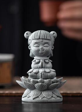 青砂石哪吒小摆件桌面茶桌茶宠装饰品创意莲花底座工艺品增高坐台
