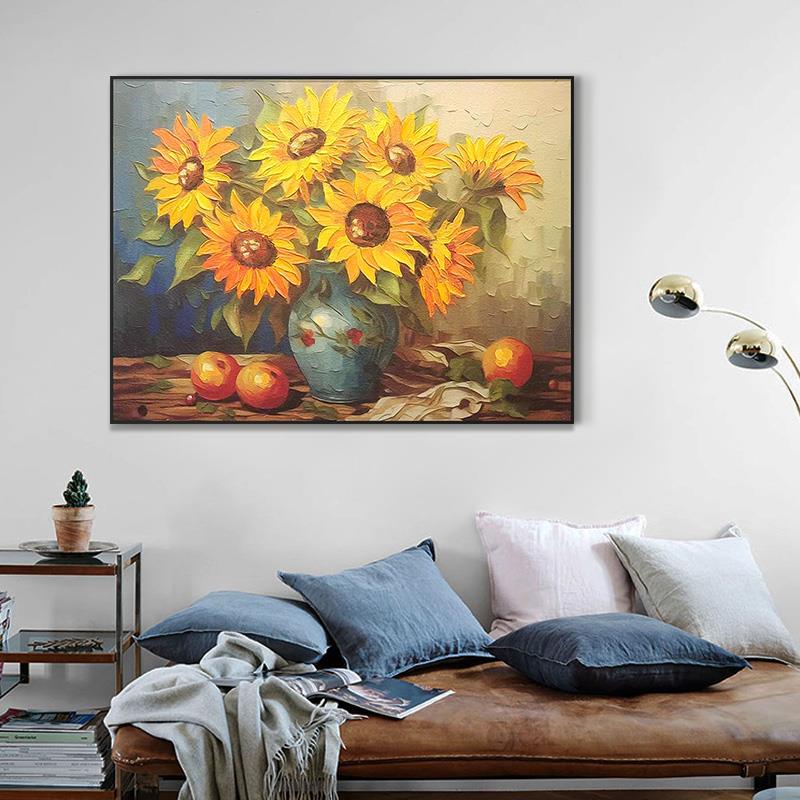 S1781杨手工油画砂岩餐厅装饰画简约挂画向日葵花瓶6080