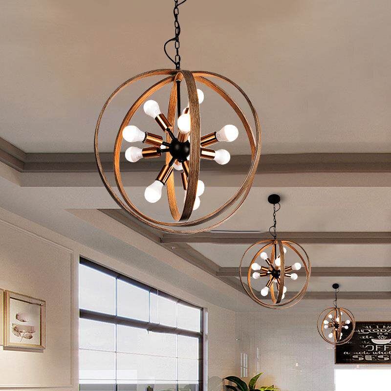 新款直销美式复古铁艺吸顶吊灯 家用卧室led多头照明灯具木艺客厅