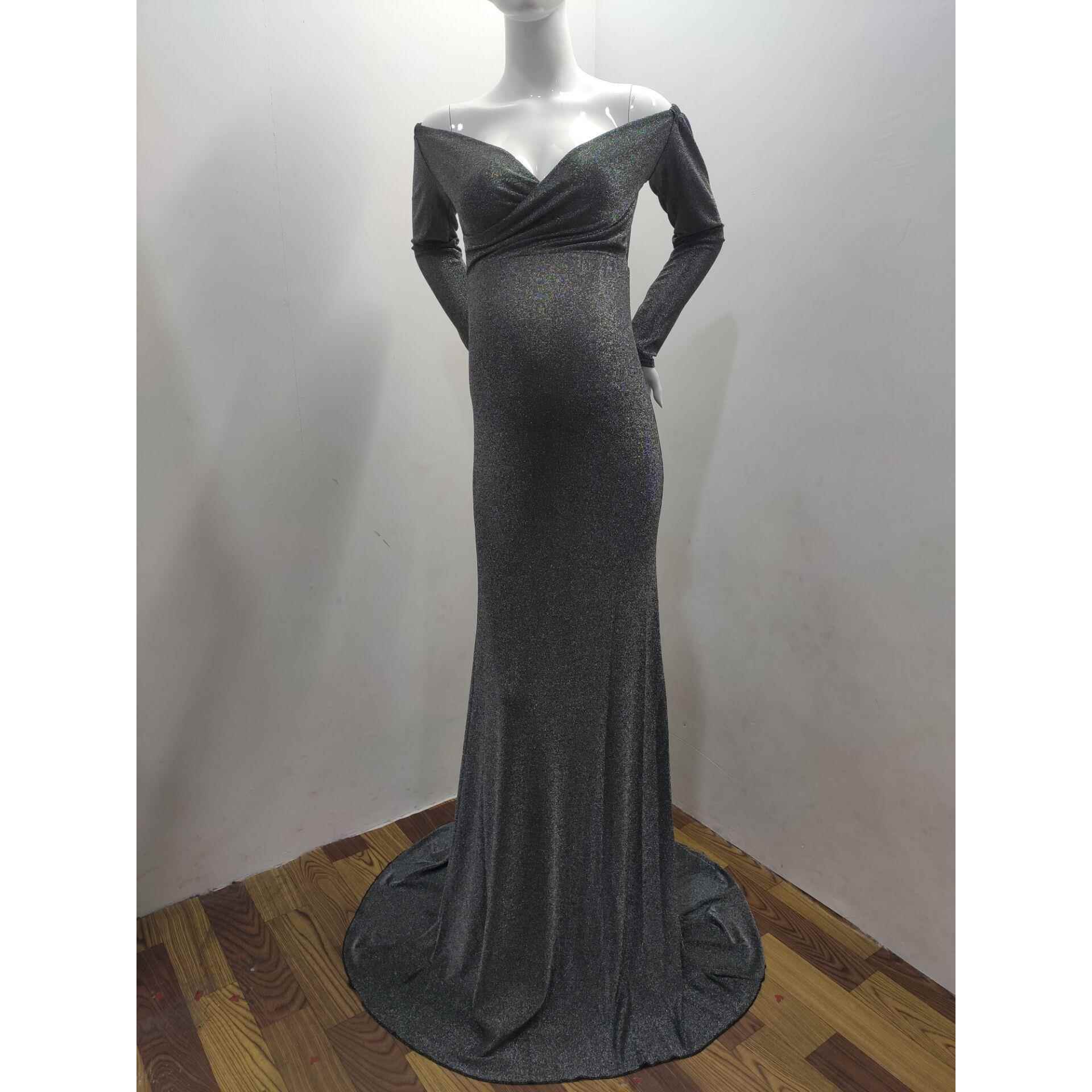 Silver Woven Elastic Maternity Dress Long Sleeve V-Neck