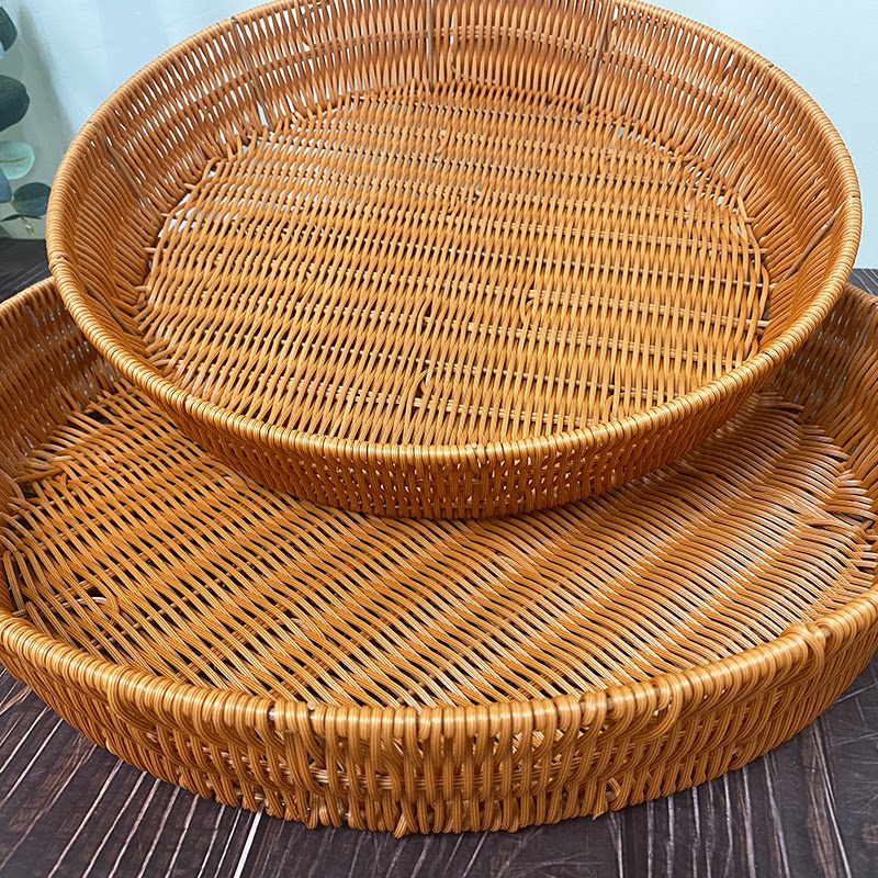 托盘手工面包件套w038收纳心盘点客厅圆形]茶色 筐[仿两零食藤