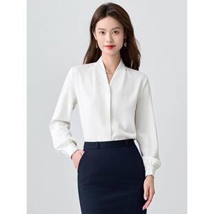 v领白色衬衣女秋季新款大学生面试职业正装酒店前台长袖衬衫上衣