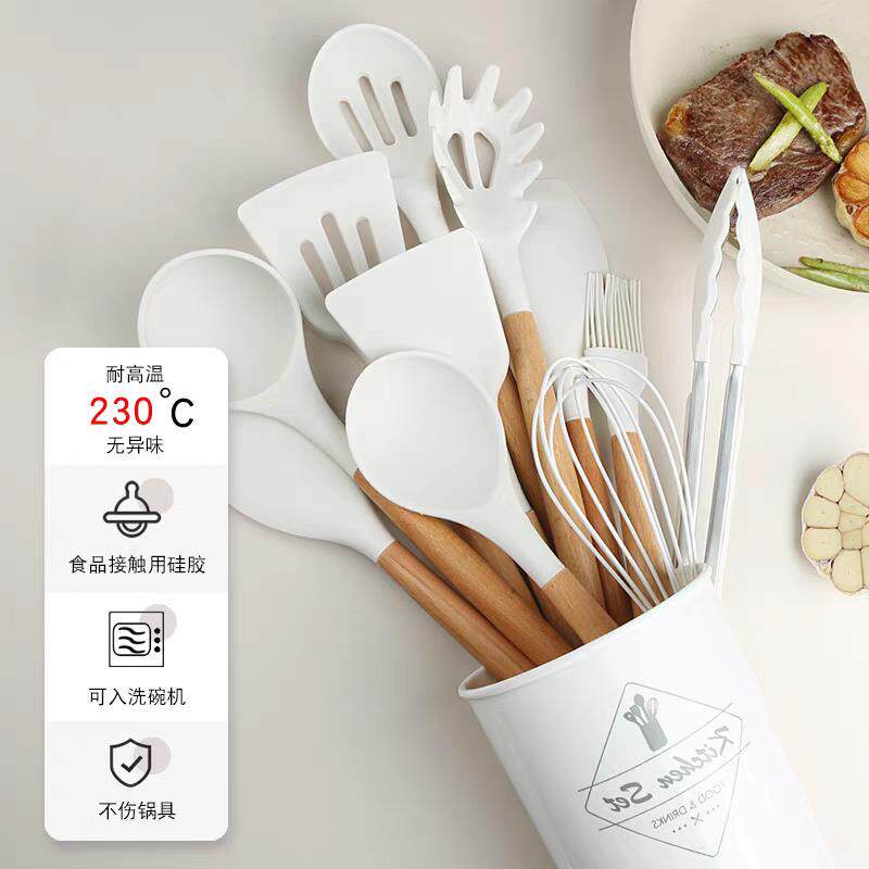 厂家现货亚马逊木柄厨具套装欧式不粘锅锅铲汤勺套装家用厨房烹饪