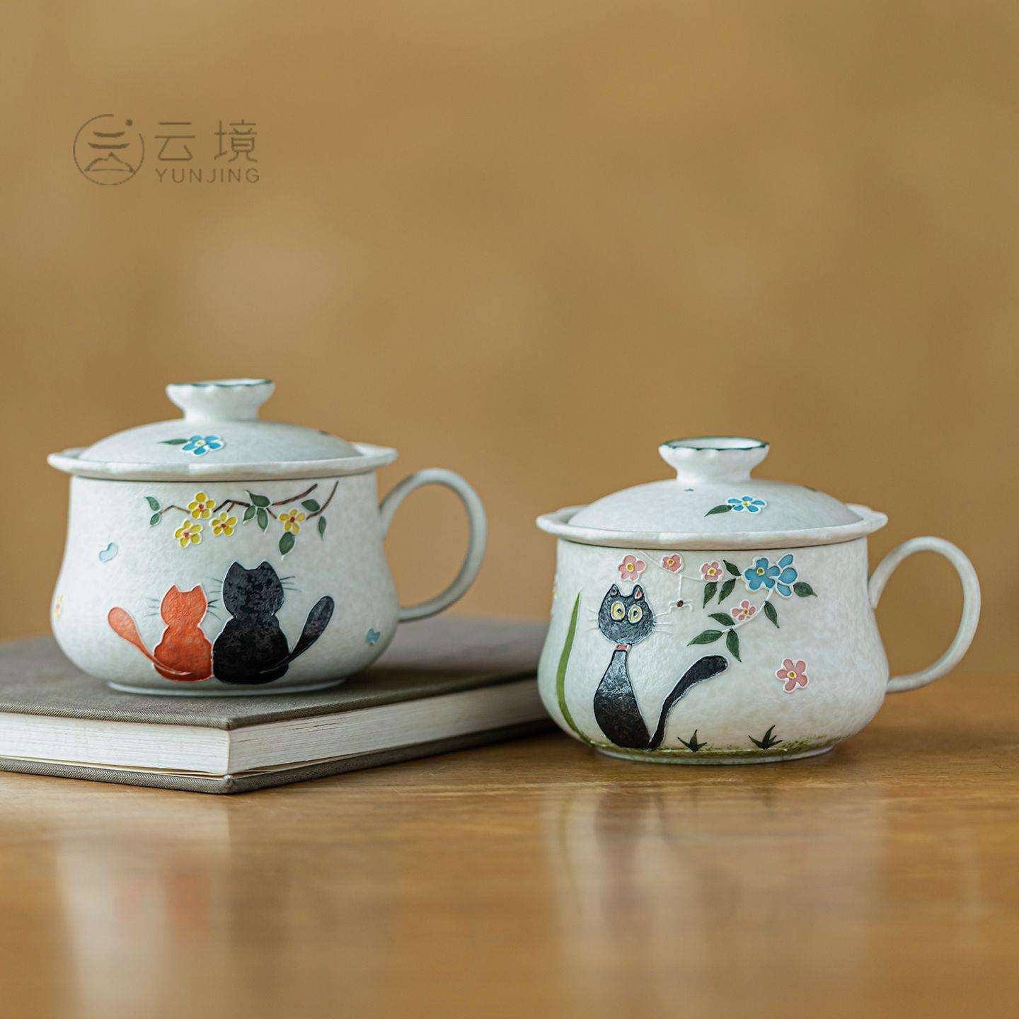 萌绘猫咪咖啡杯高颜值可爱花茶杯茶漏带盖办公杯家用陶瓷泡茶杯