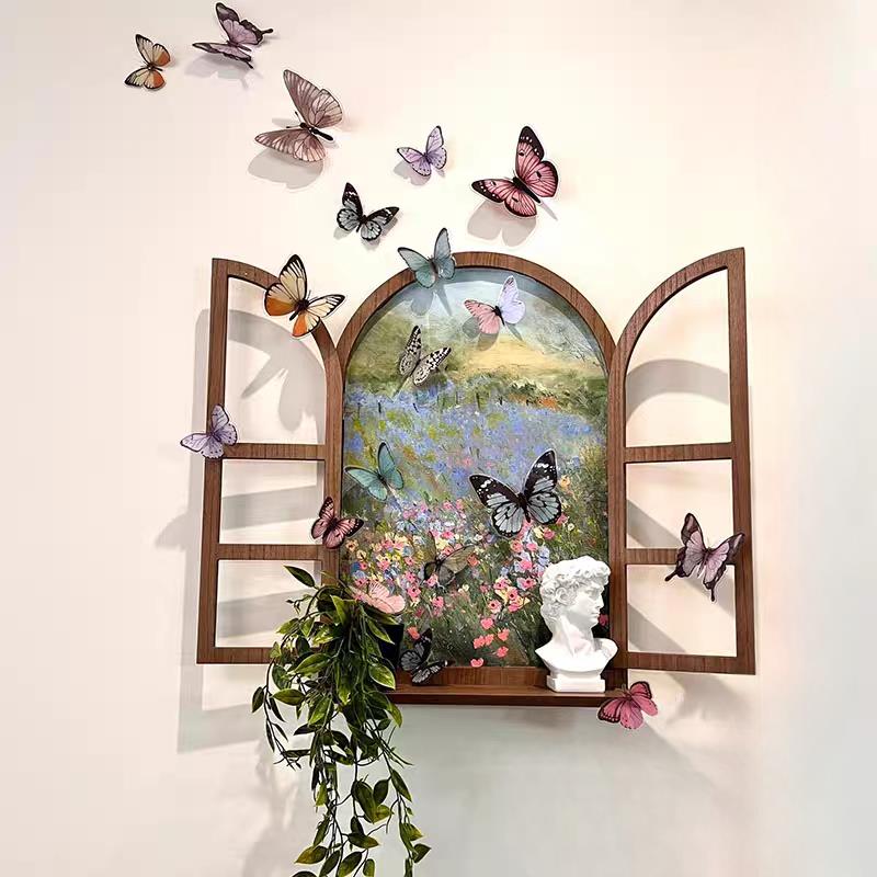 治愈系莫奈花园装饰画含框墙面布景道具假窗户幼儿园环创花店壁饰图片