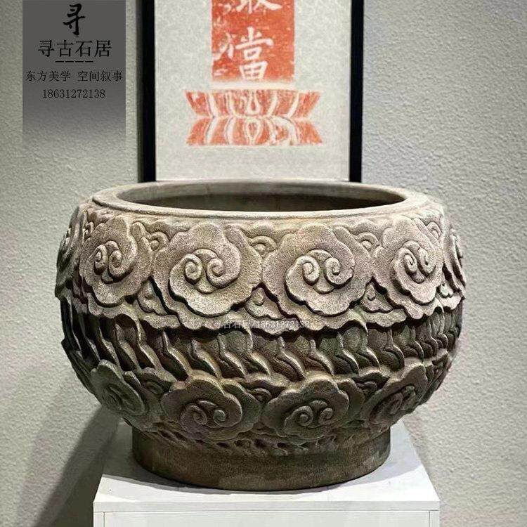 明清石缸做旧庭院养鱼天然石头祥云门海大水缸青石彷覆古户外花盆