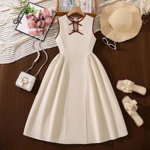 Girls Sleeveless Bow Dress Ruffle Details Plain Daily Wear