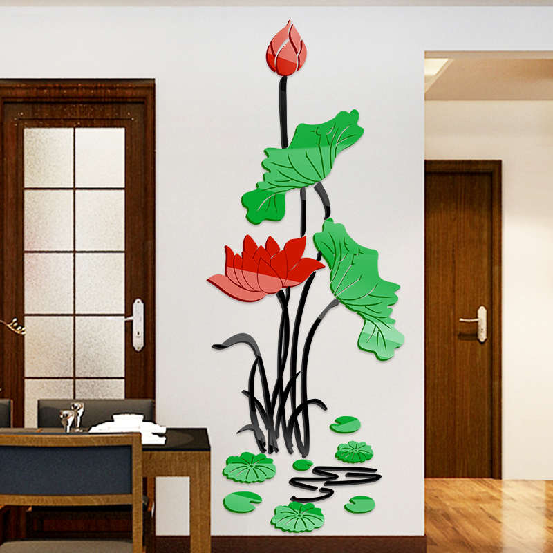 荷花客厅玄关装饰墙贴中国风墙贴画沙发电视背景3d亚克力立体墙贴图片
