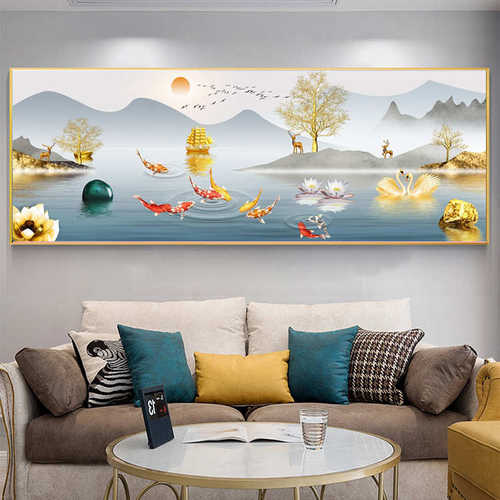 客厅装饰画挂沙发背景墙山水靠山办公室大气家和万事兴壁画九鱼图