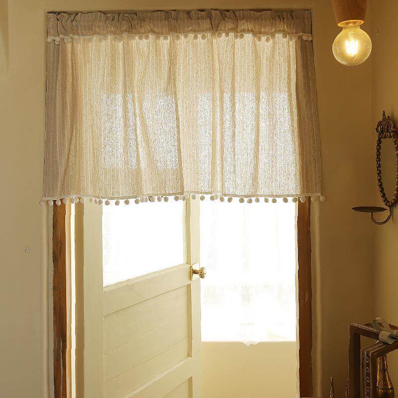 日式棉麻米色条纹遮挡帘半帘挡杂物帘免打孔门帘粘贴魔术贴定制