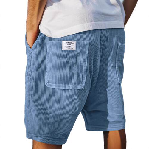 Men's drawstring shorts with white label stripes on the