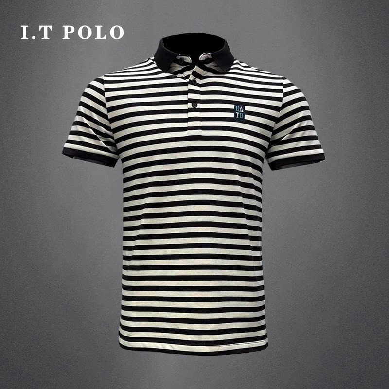 I.T POLO 专柜~轻奢潮条纹刺绣polo衫修身大码男新款正肩短袖T恤