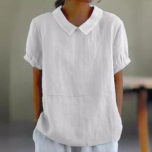 wish 热卖 新品 现货 女短袖 独立站 宽松翻领衬衣 纯棉上衣 速卖通