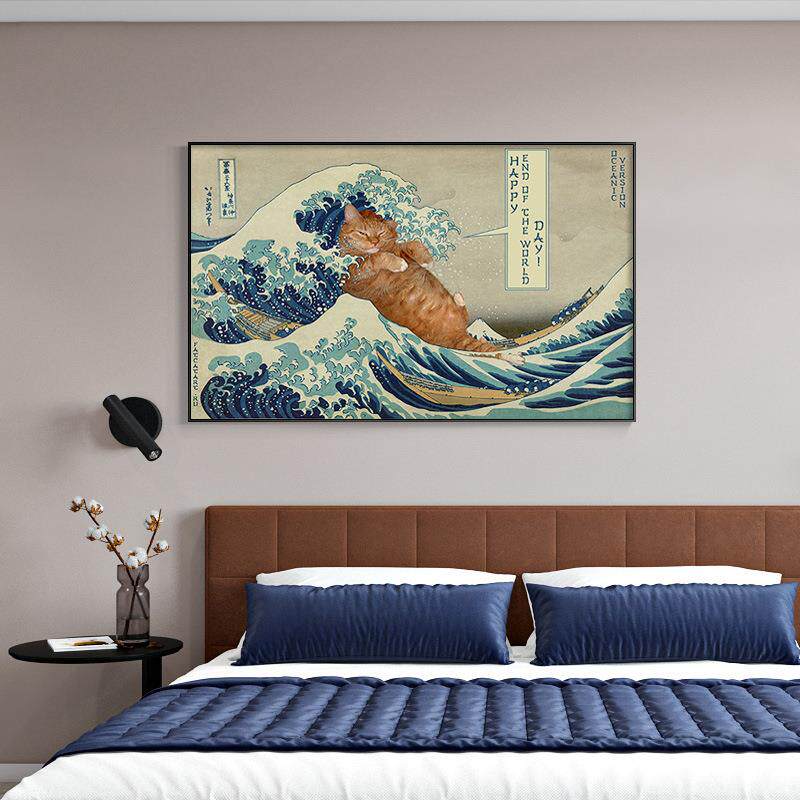 新款直销肥猫浮世绘 葛饰北斋餐厅日式装饰画神奈川冲浪里富士山