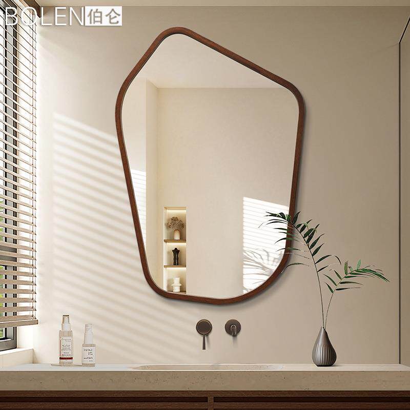 BOLEN不规则新中式浴室镜装饰镜卫生间壁挂墙实木框异形梳妆镜子