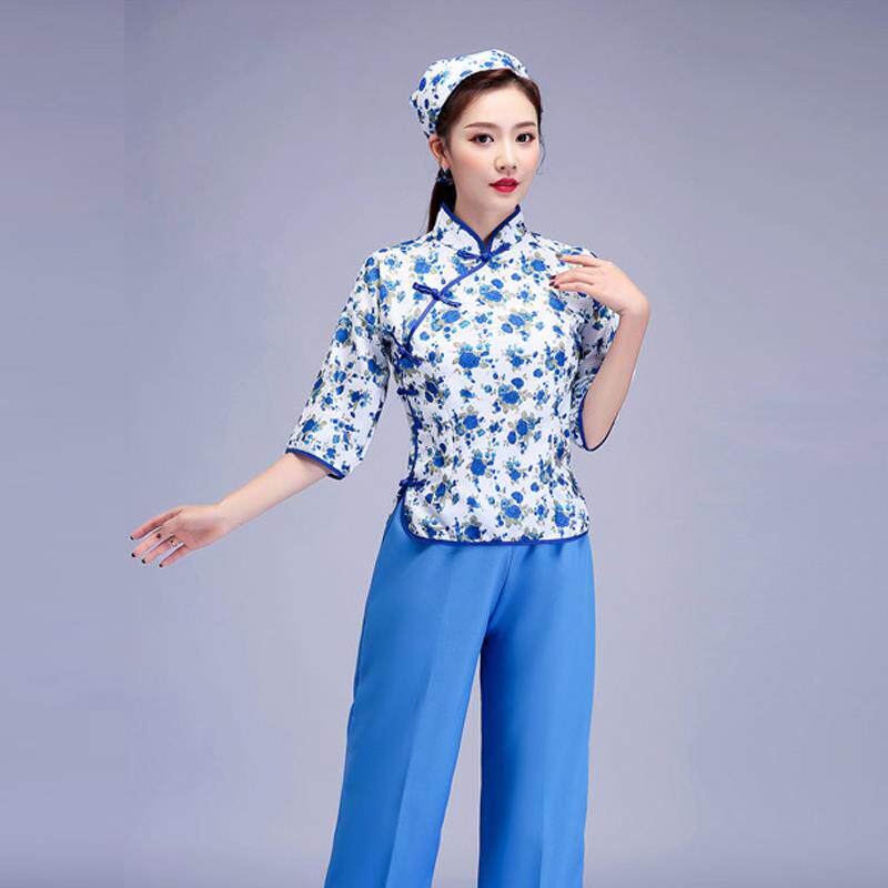 高档阿庆嫂碎花采茶风女村衣姑舞服民族蹈乡村古装农村戏服表演出