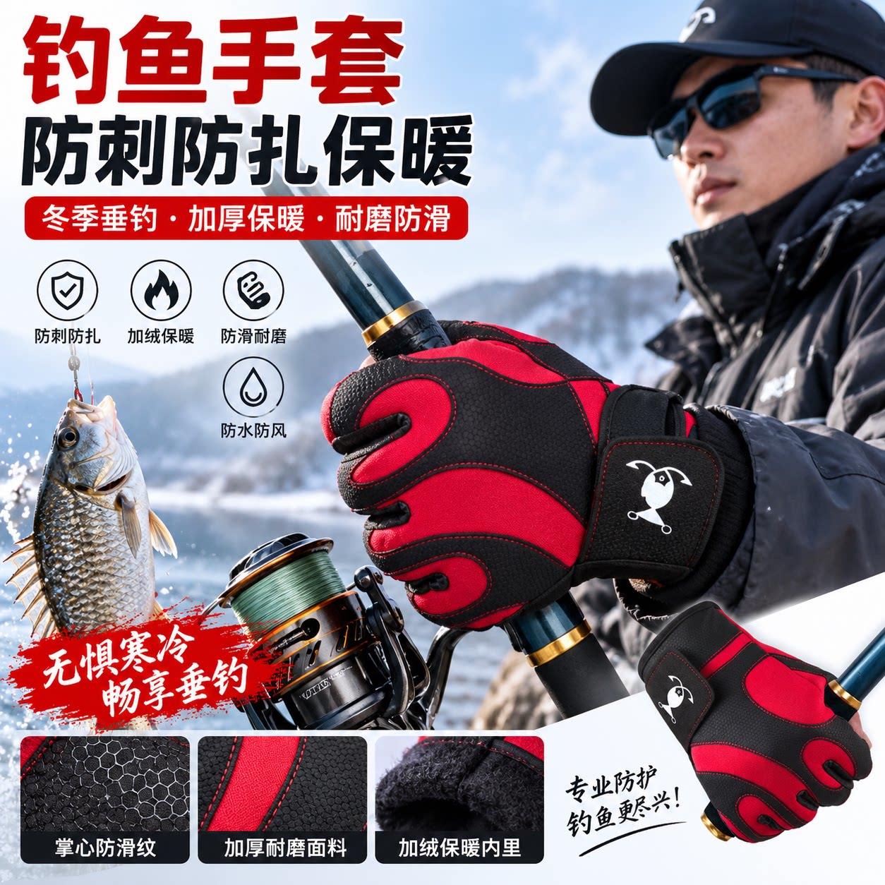 冬季钓鱼专用手套男防刺防水不沾饵专业路亚防扎飞磕防滑耐磨触屏