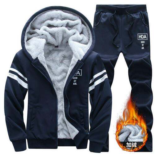 Men's Navy Blue Fleece-Lined Tracksuit - Hoodie & Joggers