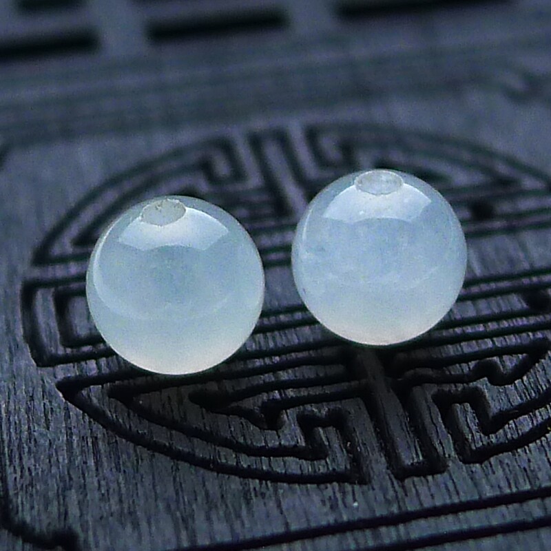 翡翠珠子散珠缅甸正品天然老坑珠子耳钉吊坠玉珠裸玉一对0.46g