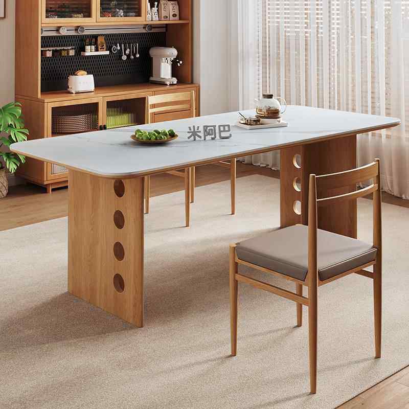德利丰实木岩板餐桌家用长方形小户型高端法式奶油中古风吃饭桌子