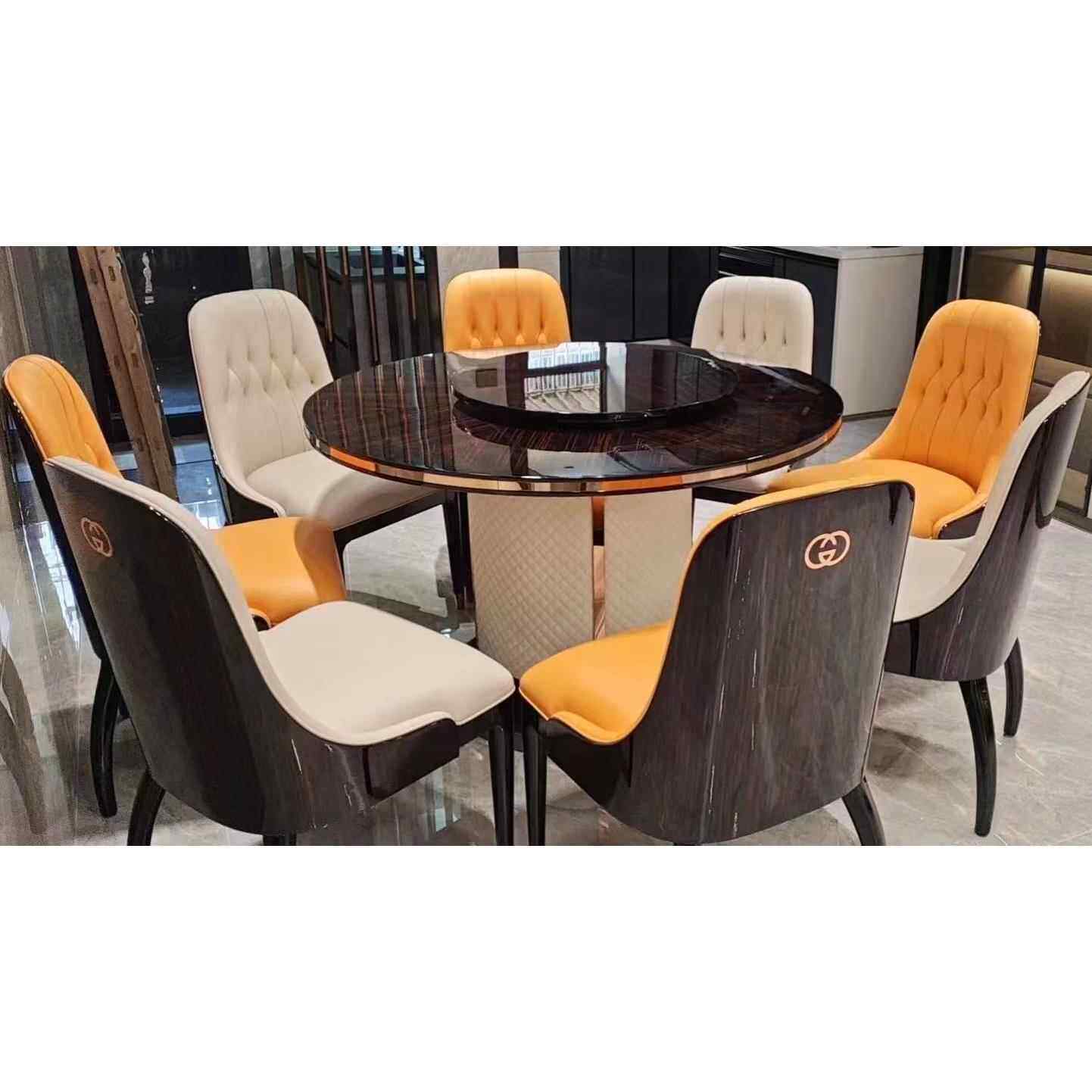 意式红榉木圆形餐桌小户型餐椅北欧轻奢创意家用餐桌椅组合套装