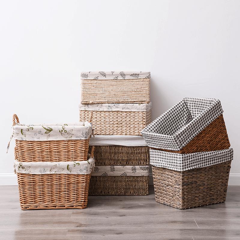 田园风草编藤编收纳筐手工编织收纳盒置物筐脏衣杂物布艺收纳篮