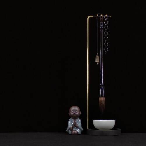 黄铜杆砚石底座笔架毛笔挂墨碟创意摆件挂笔接水毛笔架文房四宝