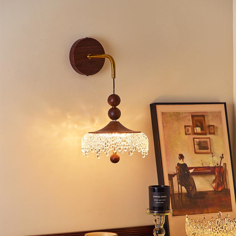 中古胡桃木色水滴壁灯客厅背景墙法式覆古卧室床头触摸气氛灯casa