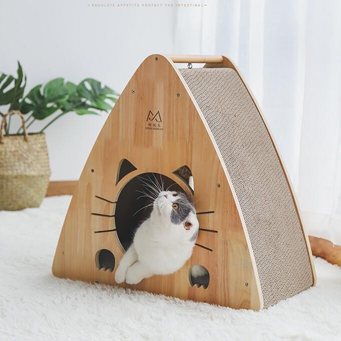 猫窝猫别墅透气帐篷实木瓦楞纸可替换磨爪器两用三角立式猫抓板