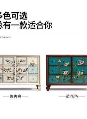 美式田园风格实木斗柜艺术彩绘多抽屉分类储物柜卧室收纳柜五斗柜