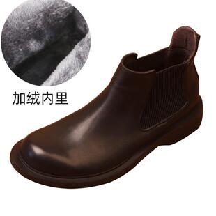 圆头厚 士第层牛皮拉男炼大码 新款 秋冬丝皮绒真一高帮商务休闲皮鞋