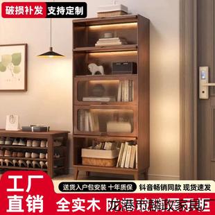 全实木书柜整墙储地物带柜门组合家FDO用客厅落展璃示玻门书架防