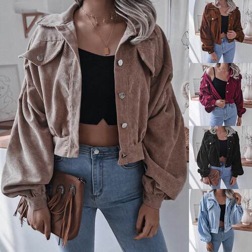 Lantern long sleeved corduroy short jacket, single women's