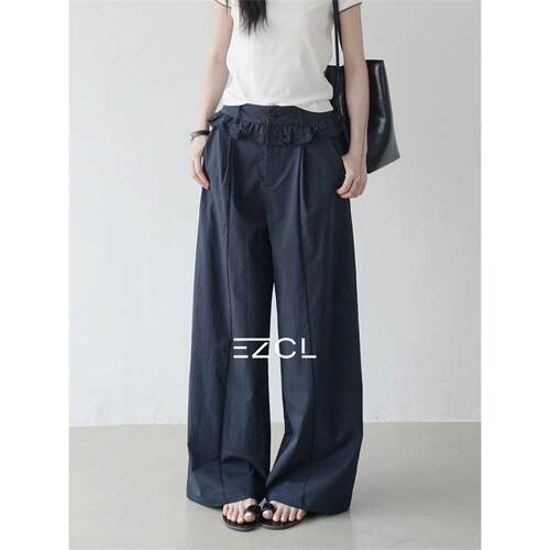 EZCL 夏季高腰阔腿裤女深蓝荷叶边装饰宽松休闲裤显瘦百搭长裤子