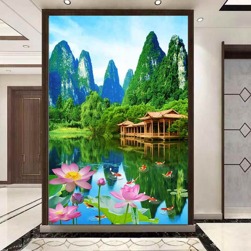 山水风景画青山绿水客厅家居装饰画九鱼荷花玄关壁画走廊过道贴画图片