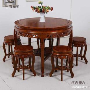 木圆餐741实桌中式 圆形榆木老餐台家用餐桌椅组古典圆合形桌仿麦