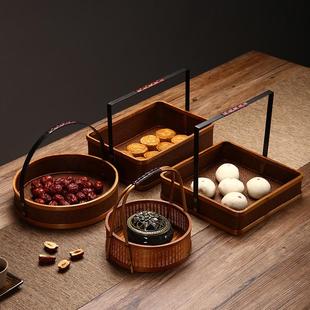 手工编织干果盘家用竹编提篮茶具收纳篮点心盘酒店托盘复古野餐篮