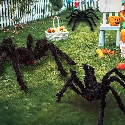 Its Halloween decorating the spiders outdoors with a black