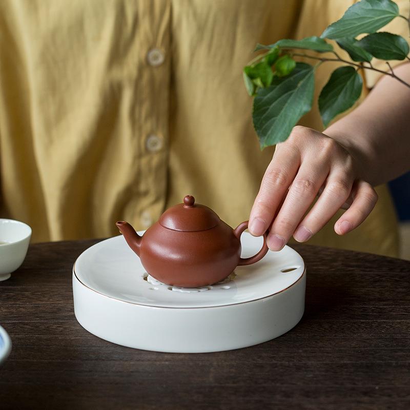壶承干泡台托盘茶承底座盖碗茶壶中式圆形蓄水描金禅意白瓷简约