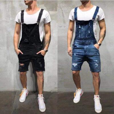 Men's camisole denim jumpsuit torn jeans shorts